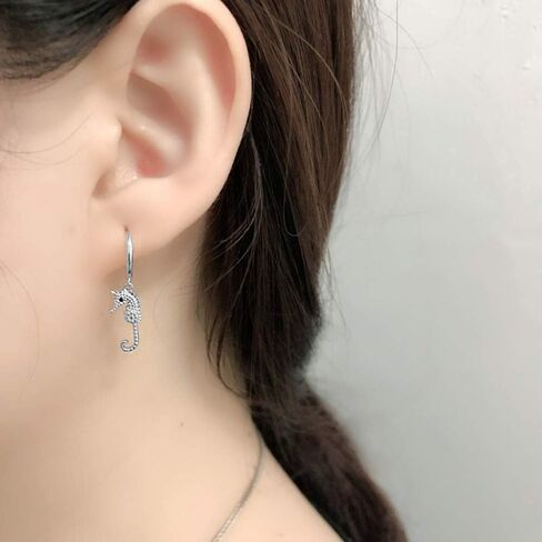 Tropical CZ Seahorse Dangling Tiny Small Huggie Hoop Earrings for Women Teen Girls Cartilage 925 Sterling Silver Cute Unusual Charm Dangle Little Cuff Sleeper Hoops Minimalist Fashion Hypoallergenic Personalized Gifts Daughter in Saudi Arabia