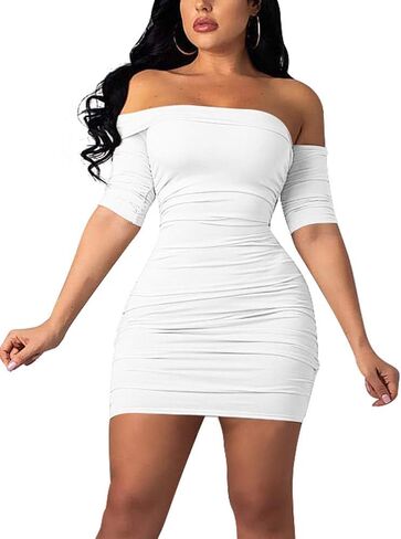 GOBLES Women's Summer Short Sleeve Sexy Bodycon Ruched Mini Party Dress in Kuwait