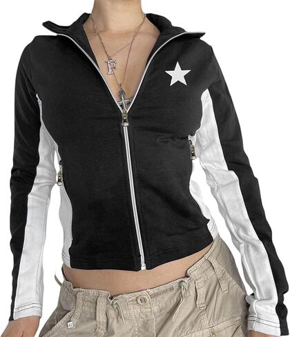 Women Zipper Vintage Jacket Stand Collar Slim Fit Short Coats Y2k Color Block Outwear Blockcore Outfits in Kuwait