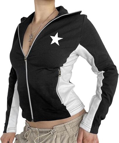 Women Zipper Vintage Jacket Stand Collar Slim Fit Short Coats Y2k Color Block Outwear Blockcore Outfits in Kuwait