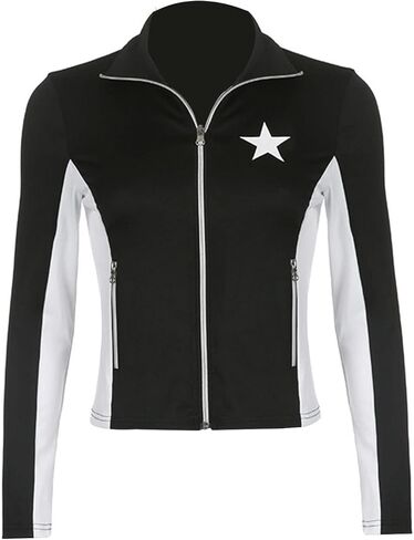 Women Zipper Vintage Jacket Stand Collar Slim Fit Short Coats Y2k Color Block Outwear Blockcore Outfits in Kuwait