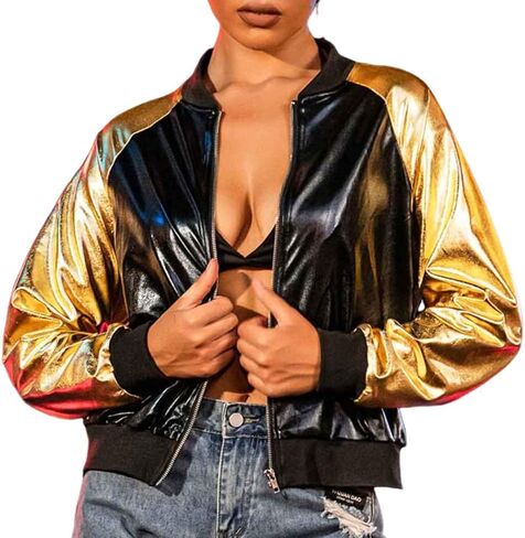 EVILD Women’s Bomber Jackets Long Sleeve Metallic Jacket Zipper up Collarless Sparky Bomber Blazers in Kuwait