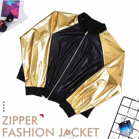 EVILD Women’s Bomber Jackets Long Sleeve Metallic Jacket Zipper up Collarless Sparky Bomber Blazers in Kuwait