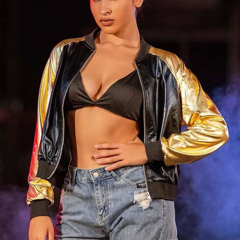 EVILD Women’s Bomber Jackets Long Sleeve Metallic Jacket Zipper up Collarless Sparky Bomber Blazers in Kuwait