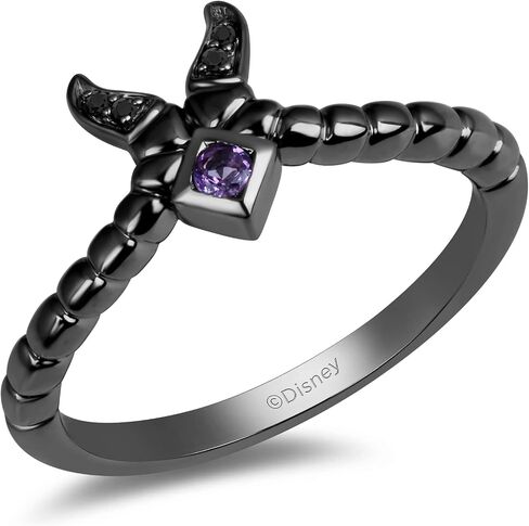 Jewelili Enchanted Disney Fine Jewelry Black Rhodium over Sterling Silver 2MM Round Amethyst and Heat Treated Black Diamond Accent Maleficent Villain Ring in Saudi Arabia