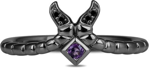 Jewelili Enchanted Disney Fine Jewelry Black Rhodium over Sterling Silver 2MM Round Amethyst and Heat Treated Black Diamond Accent Maleficent Villain Ring in Saudi Arabia