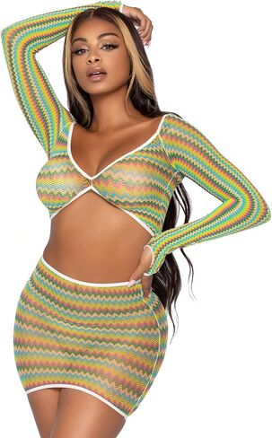 Leg Avenue Women's 2 Pc Zig Zag Net Gauntlet Sleeve Crop Top and Mini Skirt Set in Saudi Arabia