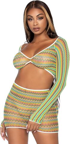 Leg Avenue Women's 2 Pc Zig Zag Net Gauntlet Sleeve Crop Top and Mini Skirt Set in Saudi Arabia