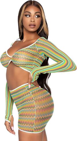 Leg Avenue Women's 2 Pc Zig Zag Net Gauntlet Sleeve Crop Top and Mini Skirt Set in Saudi Arabia