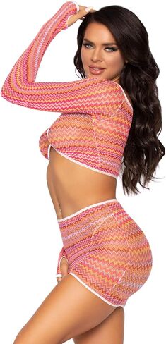 Leg Avenue Women's 2 Pc Zig Zag Net Gauntlet Sleeve Crop Top and Mini Skirt Set in Saudi Arabia