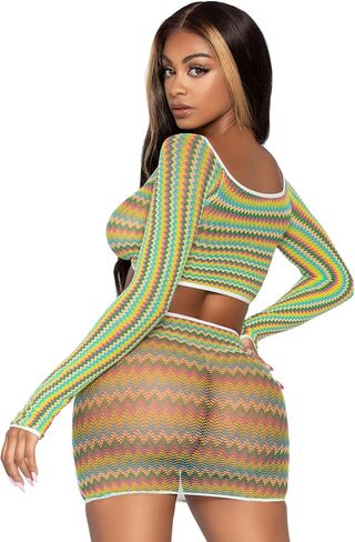Leg Avenue Women's 2 Pc Zig Zag Net Gauntlet Sleeve Crop Top and Mini Skirt Set in Saudi Arabia