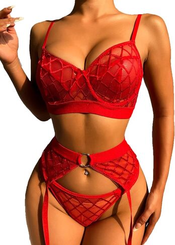 مجموعة الملابس الداخلية Donnalla Garter للنساء، ملابس داخلية مثيرة من الدانتيل الشفاف، مجموعة ملابس داخلية غريبة، 3 قطع من حمالة الصدر واللباس الداخلي (أحمر كبير) in Kuwait