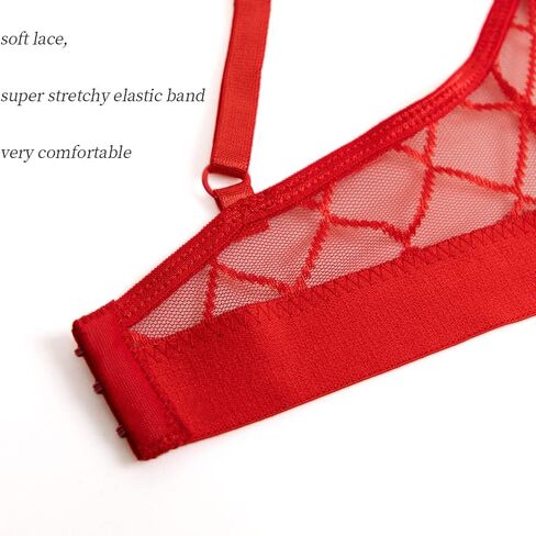 مجموعة الملابس الداخلية Donnalla Garter للنساء، ملابس داخلية مثيرة من الدانتيل الشفاف، مجموعة ملابس داخلية غريبة، 3 قطع من حمالة الصدر واللباس الداخلي (أحمر كبير) in Kuwait