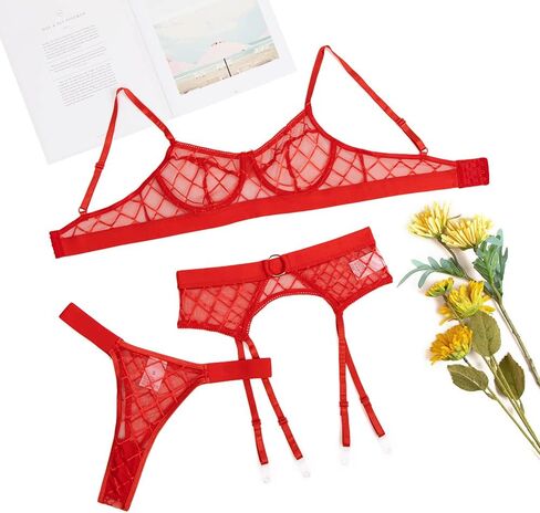 مجموعة الملابس الداخلية Donnalla Garter للنساء، ملابس داخلية مثيرة من الدانتيل الشفاف، مجموعة ملابس داخلية غريبة، 3 قطع من حمالة الصدر واللباس الداخلي (أحمر كبير) in Kuwait