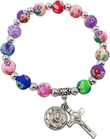 Imptora Aeiniwer Treasure4U-Store Multi Color Beads Catholic Rosary Bracelet for Women Stretch Bracelets Rose & Cross Charms in Kuwait