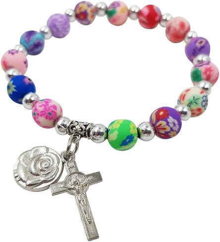 Imptora Aeiniwer Treasure4U-Store Multi Color Beads Catholic Rosary Bracelet for Women Stretch Bracelets Rose & Cross Charms in Kuwait