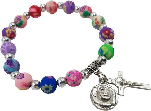 Imptora Aeiniwer Treasure4U-Store Multi Color Beads Catholic Rosary Bracelet for Women Stretch Bracelets Rose & Cross Charms in Kuwait