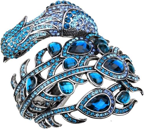 Women's Hinged Big Peacock Bracelet Slave Stretch Ring Set - Fit Wrist Size 6-1/2 to 7-1/2 Inch & Finger 7 to 9 - Lead Nickle Free - Halloween Costome Outfit in Saudi Arabia