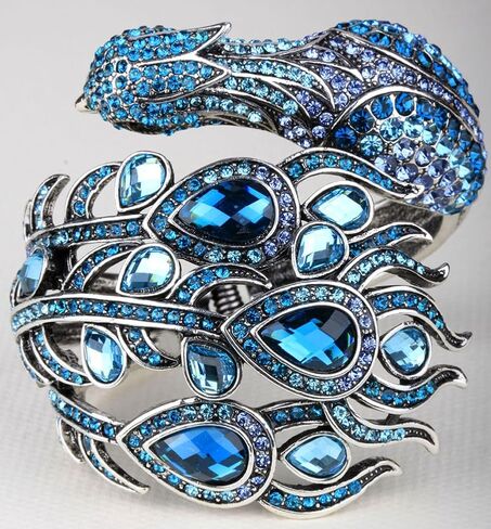 Women's Hinged Big Peacock Bracelet Slave Stretch Ring Set - Fit Wrist Size 6-1/2 to 7-1/2 Inch & Finger 7 to 9 - Lead Nickle Free - Halloween Costome Outfit in Saudi Arabia