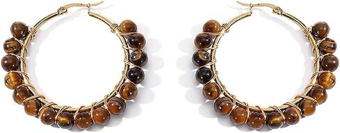 Dainty Natural Stone Beaded Large Big Hoop Earrings for Women Girls 18K Real Gold Plated Boho Colorful Ball Huggie Hoops Round Circle Hooped Hypoallergenic Minimalist Fashion Jewelry Gifts in Saudi Arabia