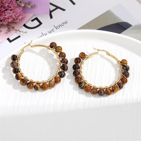 Dainty Natural Stone Beaded Large Big Hoop Earrings for Women Girls 18K Real Gold Plated Boho Colorful Ball Huggie Hoops Round Circle Hooped Hypoallergenic Minimalist Fashion Jewelry Gifts in Saudi Arabia