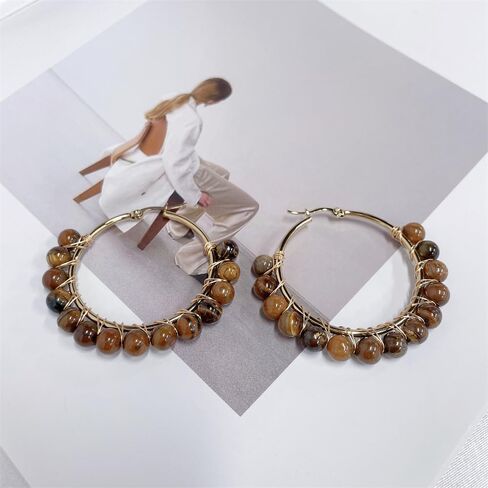 Dainty Natural Stone Beaded Large Big Hoop Earrings for Women Girls 18K Real Gold Plated Boho Colorful Ball Huggie Hoops Round Circle Hooped Hypoallergenic Minimalist Fashion Jewelry Gifts in Saudi Arabia