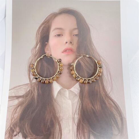 Dainty Natural Stone Beaded Large Big Hoop Earrings for Women Girls 18K Real Gold Plated Boho Colorful Ball Huggie Hoops Round Circle Hooped Hypoallergenic Minimalist Fashion Jewelry Gifts in Saudi Arabia
