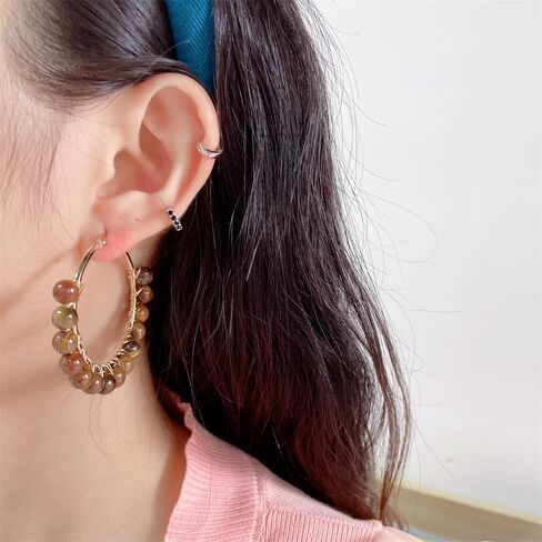 Dainty Natural Stone Beaded Large Big Hoop Earrings for Women Girls 18K Real Gold Plated Boho Colorful Ball Huggie Hoops Round Circle Hooped Hypoallergenic Minimalist Fashion Jewelry Gifts in Saudi Arabia