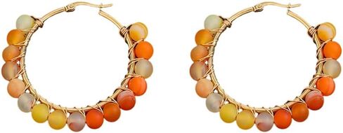 Dainty Natural Stone Beaded Large Big Hoop Earrings for Women Girls 18K Real Gold Plated Boho Colorful Ball Huggie Hoops Round Circle Hooped Hypoallergenic Minimalist Fashion Jewelry Gifts in Saudi Arabia