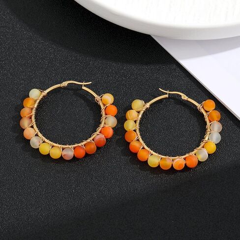 Dainty Natural Stone Beaded Large Big Hoop Earrings for Women Girls 18K Real Gold Plated Boho Colorful Ball Huggie Hoops Round Circle Hooped Hypoallergenic Minimalist Fashion Jewelry Gifts in Saudi Arabia