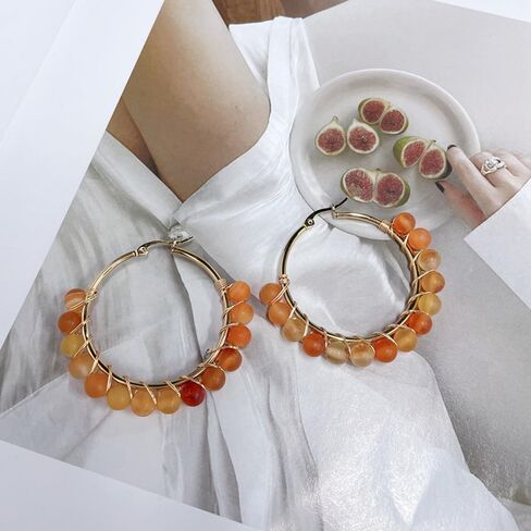 Dainty Natural Stone Beaded Large Big Hoop Earrings for Women Girls 18K Real Gold Plated Boho Colorful Ball Huggie Hoops Round Circle Hooped Hypoallergenic Minimalist Fashion Jewelry Gifts in Saudi Arabia