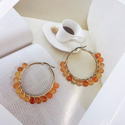 Dainty Natural Stone Beaded Large Big Hoop Earrings for Women Girls 18K Real Gold Plated Boho Colorful Ball Huggie Hoops Round Circle Hooped Hypoallergenic Minimalist Fashion Jewelry Gifts in Saudi Arabia