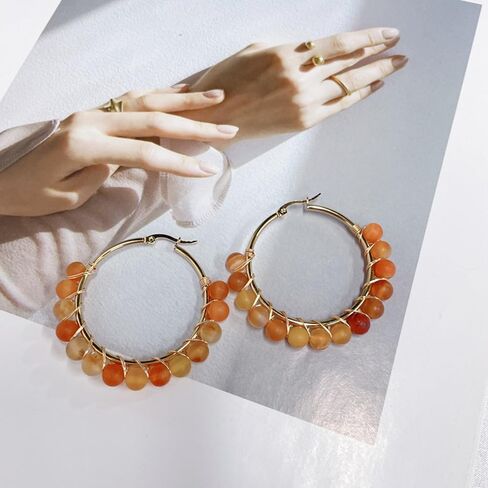 Dainty Natural Stone Beaded Large Big Hoop Earrings for Women Girls 18K Real Gold Plated Boho Colorful Ball Huggie Hoops Round Circle Hooped Hypoallergenic Minimalist Fashion Jewelry Gifts in Saudi Arabia