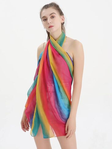 Womens Gradient Rainbow Color Scarf Large Size Imitation Silk Scarf Travel Beach Towel Chiffon Scarf in Saudi Arabia