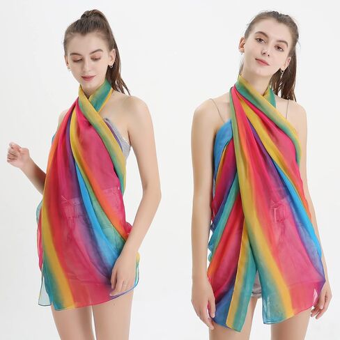 Womens Gradient Rainbow Color Scarf Large Size Imitation Silk Scarf Travel Beach Towel Chiffon Scarf in Saudi Arabia