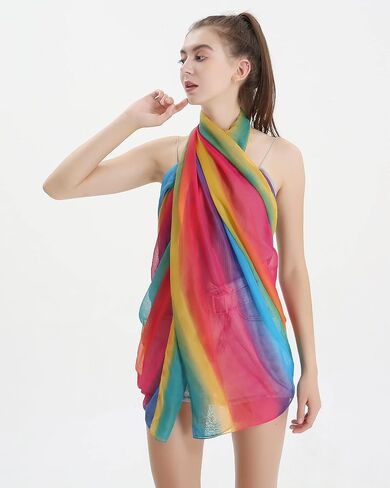 Womens Gradient Rainbow Color Scarf Large Size Imitation Silk Scarf Travel Beach Towel Chiffon Scarf in Saudi Arabia