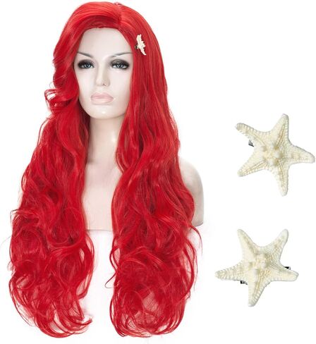 Aicos Wine Red Curly Kid Mermaid Wig, Long Wavy Fashion Princess Cosplay Wig with Starfish Hair Clips (Wine Red) in Saudi Arabia