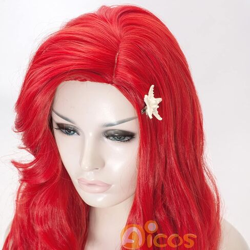 Aicos Wine Red Curly Kid Mermaid Wig, Long Wavy Fashion Princess Cosplay Wig with Starfish Hair Clips (Wine Red) in Saudi Arabia