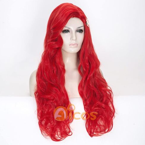 Aicos Wine Red Curly Kid Mermaid Wig, Long Wavy Fashion Princess Cosplay Wig with Starfish Hair Clips (Wine Red) in Saudi Arabia