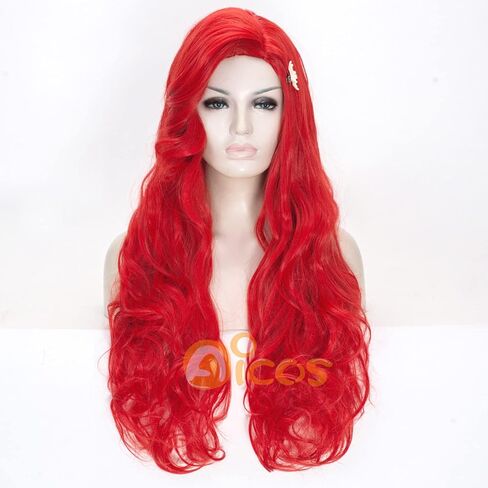 Aicos Wine Red Curly Kid Mermaid Wig, Long Wavy Fashion Princess Cosplay Wig with Starfish Hair Clips (Wine Red) in Saudi Arabia