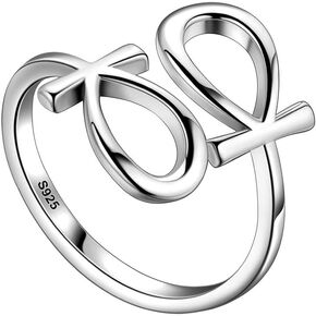 Adjsutable Egyptian Ankh Ring for Mens Womens 925 Sterling Silver/18K Gold Plated/Black Gund Plated Ankh Cross Open Band Ring Egypt Amulet Jewelry Gift for Christmas Day Valentine Day Birthday Gift