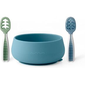 NumNum Suction Bowl + Pre-Spoon GOOtensils Self Feeding Set for Babies & Toddlers | Baby Spoon Set (Stage 1+ 2) | 100% Food Grade Silicone BPA-Free | Strong Suction | 4 months+ (Blue/Navy)