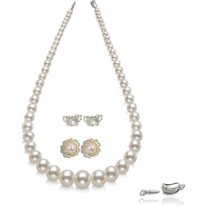 Weixinghera Women's Genuine Pearl Necklace Set AAAA Ivory Cultured Pearls | Pagoda Chain18inch14K Gold Rim Pearl Earrings-925 Sterling Silver Clasp