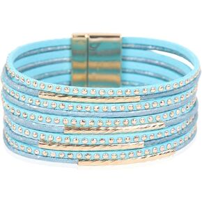 RIAH FASHION Bohemian Faux Leather Wrap Multi Layer Statement Bracelet - Boho Leatherette Cuff Bangle Crystal Rhinestone, Metallic Bead, Acrylic Pearl