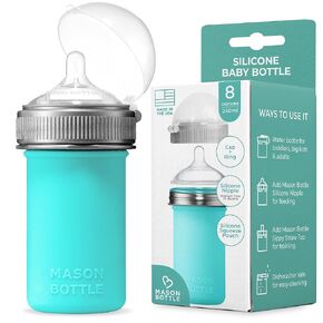 Mason Bottle Silicone Squeeze Pouch for Baby Food - Reusable Silicone Pouches for Toddlers - Baby Bottle with Straw - BPA & BPS-Free Snacker Pouch for Soft Food & Liquid - Made in USA (8oz, Teal)