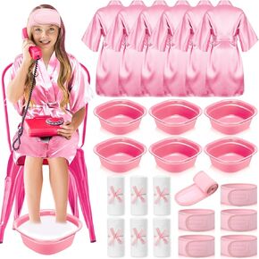 24 Pcs Kids Spa Party Supplies for Girls Slumber Spa Party Favors Includes 6 Spa Party Robes 6 Basins 6 Makeup Headband 6 Towels for Sleepover Bath Birthday Wedding
