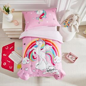 4 Pieces Pink Toddler Bedding Set for Girls Toddler Bed Set - Ultra Soft Cartoon Unicorn Stars Diamond Print Toddler Bed in a Bag - 1 Toddler Comforter Set 1 Fitted Sheet 1 Flat Sheet 1 Pillowcase