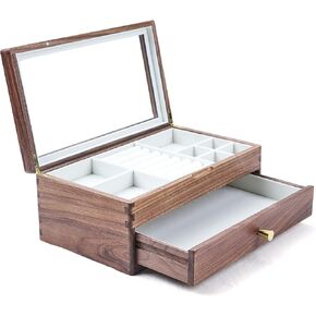 Black Walnut Wooden Jewelry Box - Allwood, Handcrafted, Glass Lid 1 drawer. Gift for Women, Men, and Girls. Jewelry Organizer Storage(Double-Layer)