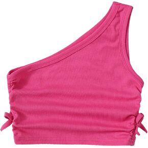 Milumia Girl's One Shoulder Ribbed Knit Ruched Drawstring Knot Side Crop Tank Tops Black Plain 13 Years