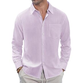 قميص رجالي من القطن والكتان بأكمام طويلة من J.VER، قميص كاجوال بأزرار سفلية، قميص صيفي للشاطئ مع جيب أسود كبير in Kuwait